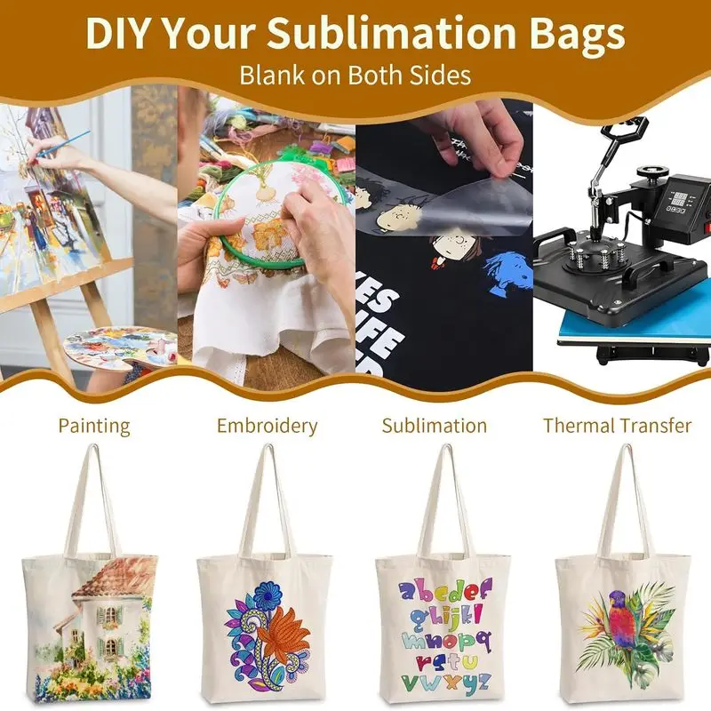 10 Pak Tas Tote Kanvas dengan Ritsleting, Tas Belanja Reusable dengan Pegangan Panjang, Tas Belanja Kosong untuk Sublimasi Transfer Panas DIY