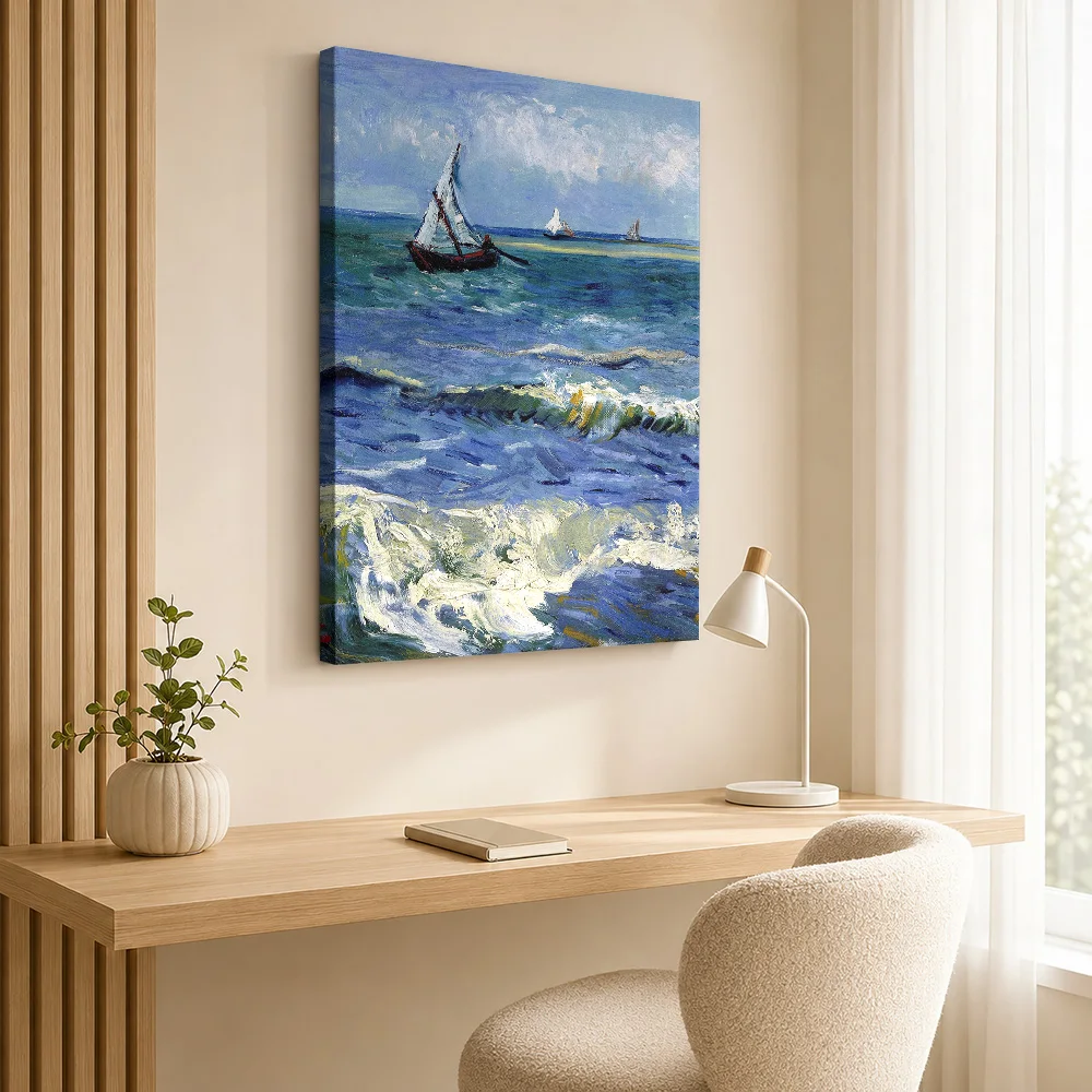 Vincent Van Gogh Seascape Framed Canvas Poster Customized Photo Detailed Painterly Composition Wall Art For Seaside Guesthouse