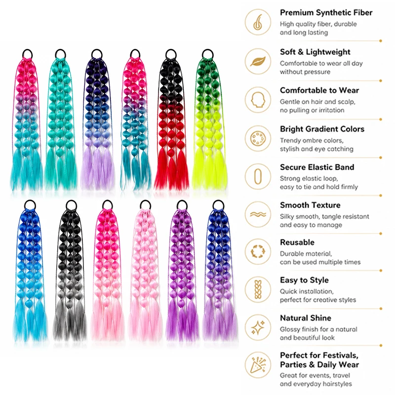 Bubble Braid Pferdeschwanz-Haargummi mit Farbverlauf, elastische Verlängerung, synthetisch, lang, geflochten, zum Wickeln, für Festival, Cosplay, Party, Damen und Mädchen – Detail 1