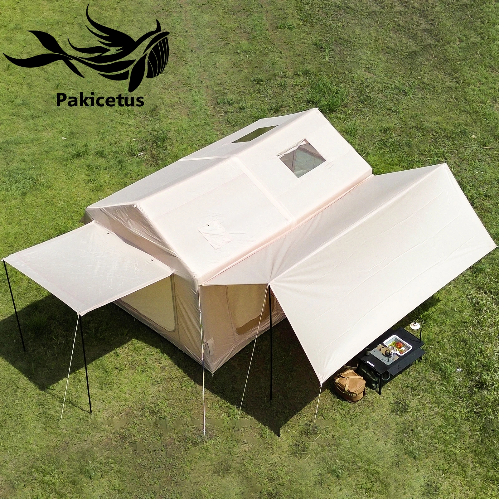 Tente gonflable PAKICETUS pour 7-8 personnes, abri de camping gonflable 4 saisons imperméable avec auvent amovible et auvent avant, tente gonflable de style salon de luxe avec cheminée