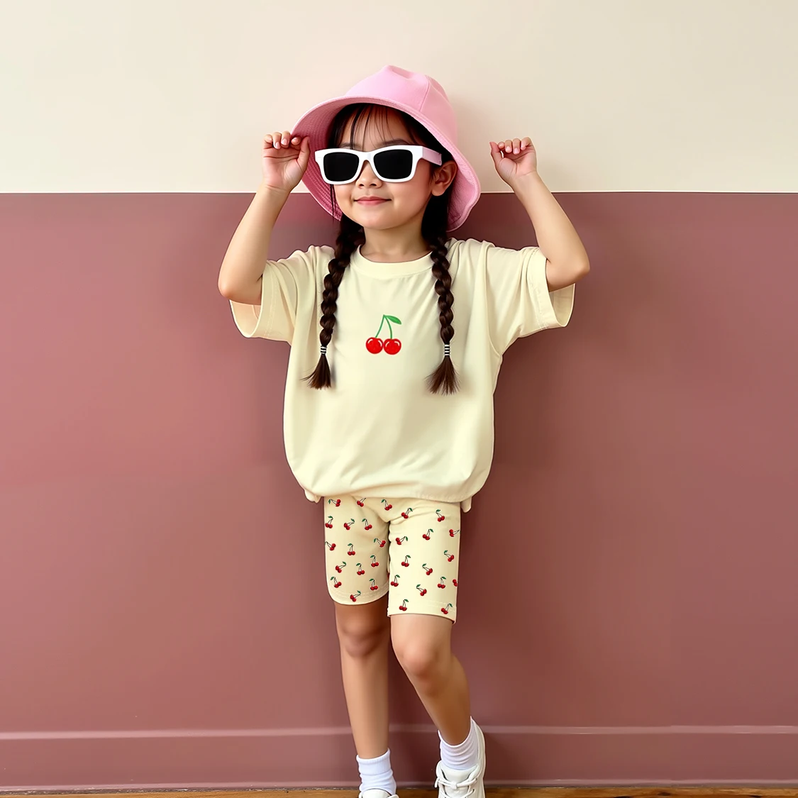 2-teiliges Sommer-Freizeitset für Mädchen mit gelbem Kirschdruck |     Süßes Sommer-Set mit Kurzarm-T-Shirt und Shorts