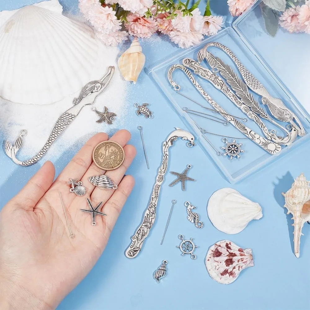 6 ชุด Ocean Bookmark Hooks ทําชุดโลหะบุ๊คมาร์คลูกปัดโลหะบุ๊คมาร์คฤดูร้อนฮาวาย Sea Turtle ปลาดาว Shell Charms