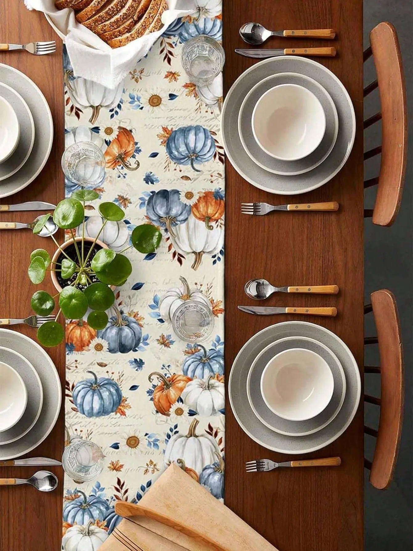 1pc Thanksgiving Harvest Linen Table Runner Rustic Blue White Pumpkin Autumn Leaves Table Decor for Dinner Table Kitchen Living