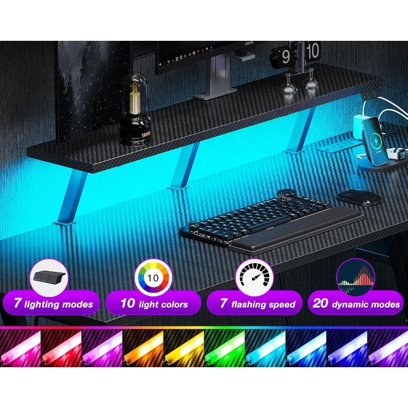 Gaming Desk with LED Lights & Power Outlets, 55 Inch L Shaped Gaming Computer Desk with Storage Shelf, Gamer Desk