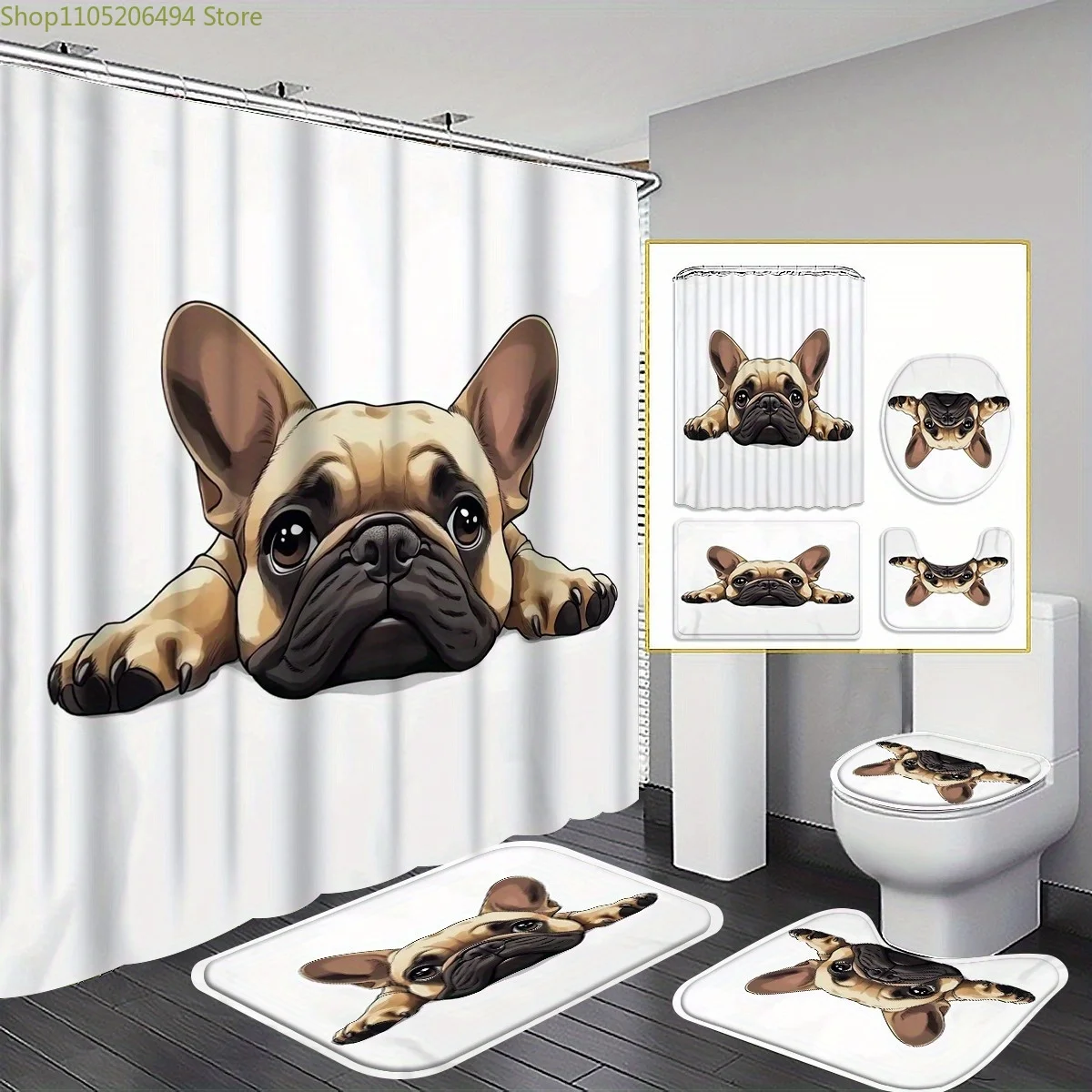 

1/3/4pcs Cute Bulldog Shower Curtain Set with & Toilet Lid Cover - 180x180cm Bathroom Decor, 12 Hooks, Cartoon Style, Polyeste