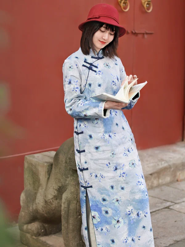 

Новая китайская ретро-юбка из двухслойного льна синего цвета с принтом, утягивающая, модифицированная, свободного кроя, с длинным рукавом