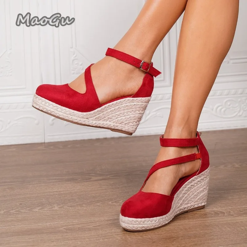 34-43Size Women's Espadrille Wedge Sandals Suede Closed Toe Ankle Strap Platform Shoes Comfortable Wedge Heels for Summer Casual view 2