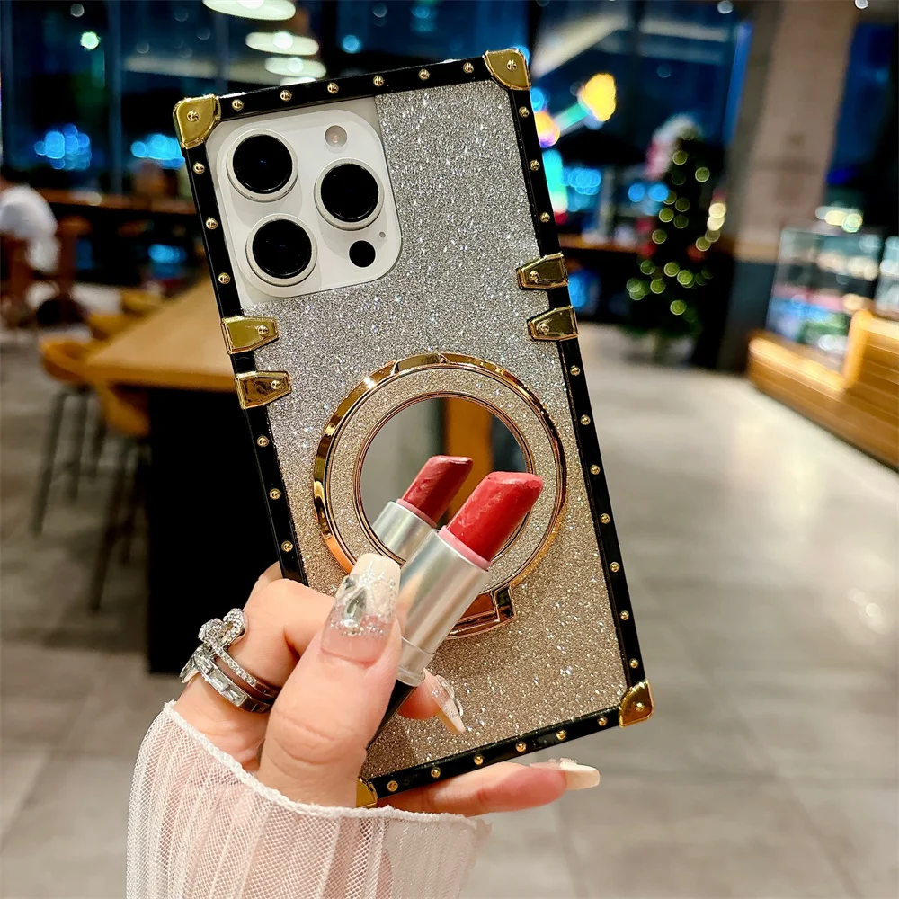 Custodia con supporto per specchio magnetico glitter moda per iPhone 16 15 14 13 12 11 Pro Max 7 8 16 Plus XR Xs Max SE Magsafe Staffa Cover