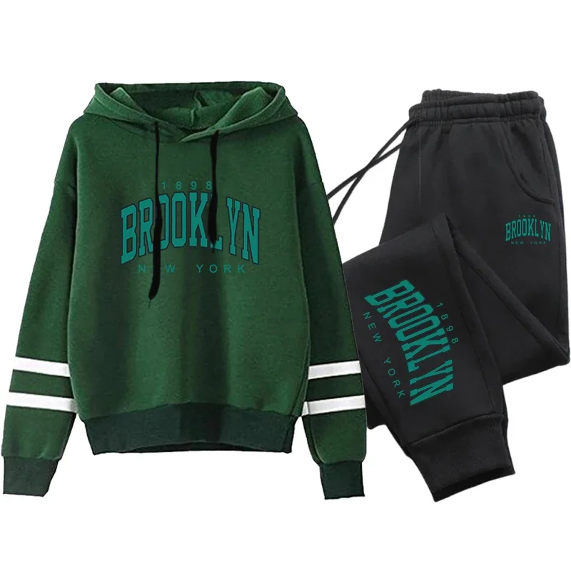 Green Brooklyn Printed Hoodies and Sweatpants High Quality Women's Daily Casual Sports Jogging Suit Urban Fashion Laides Outfits