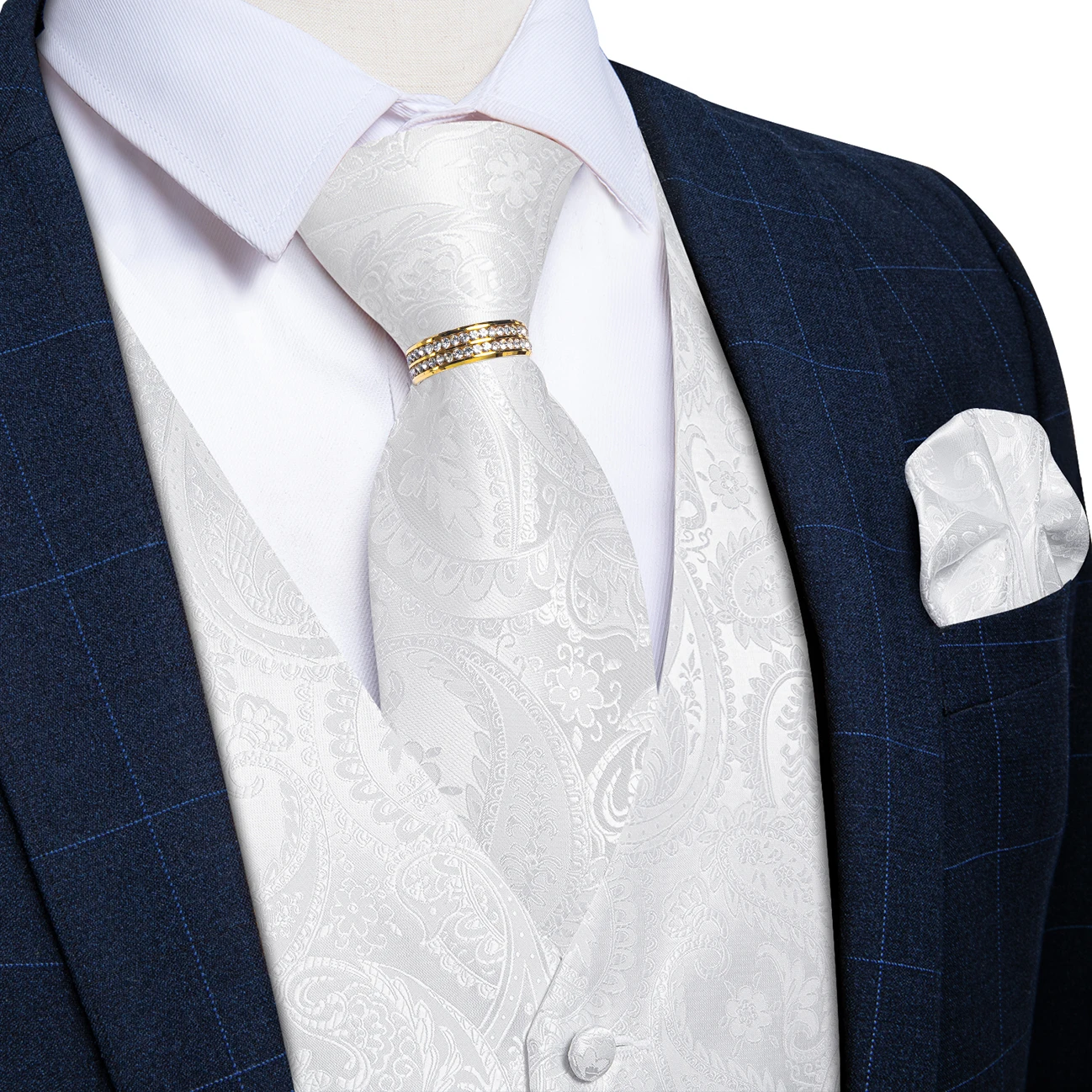 White Plain Paisley V-Neck Waistcoat 5Pcs Outfit Tie Pocket Square Cufflinks Shiny Ring For Bridal Party Prom Ceremony
