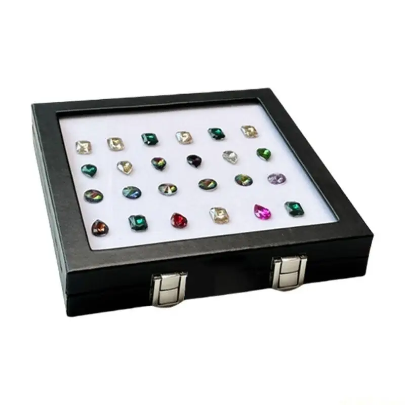 

D46E Jewelry Storage Box with Glass Top and PU Leather Design Sponge Jewelry Box for Crystal and Rhinestones Display