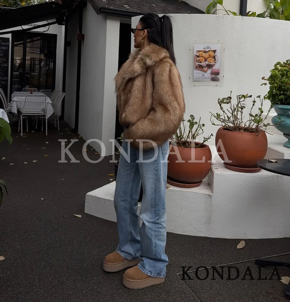 Kondala outono inverno jaqueta de pele streetwear lapela pele do falso casaco curto 2025 moda alta rua elegante chique jaqueta feminina