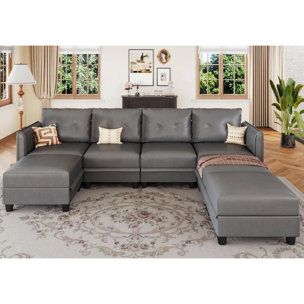 Modular sofa, convertible U-shaped sofa with storage space, waterproof faux leather fabric, 7-seat modular sofa