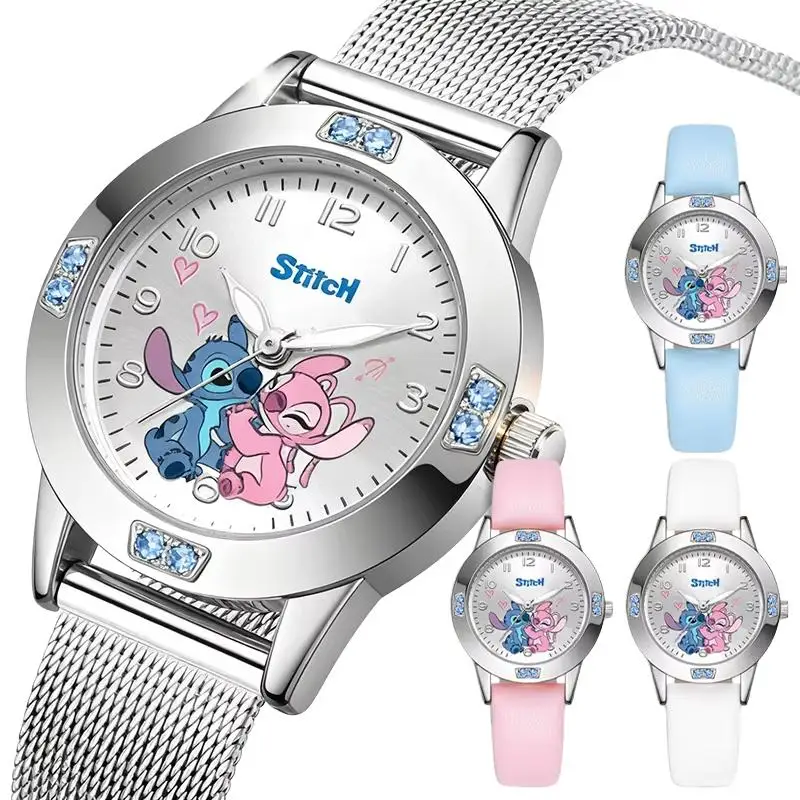 Cartoon Quartz Watch Diamond Bezel Mesh Leather Strap Watch with Couple Pattern Gift for Friends