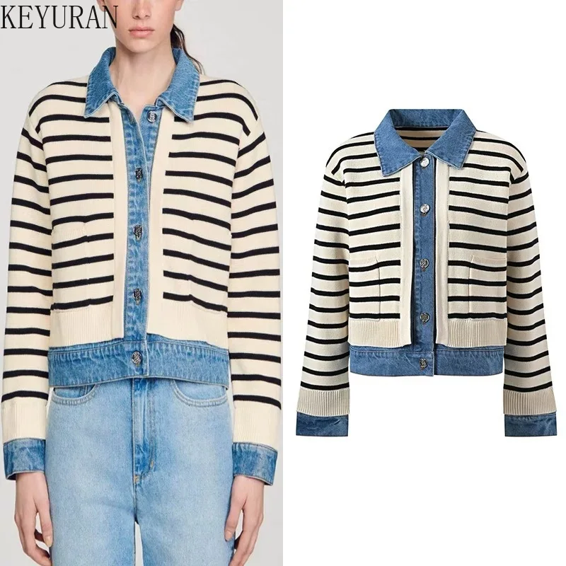 Denim Patchwork Fake Two Pieces Striped Knitted Cardigan Women 2025 Autumn Winter New Korean Fashion Short Sweater Jacket Tops