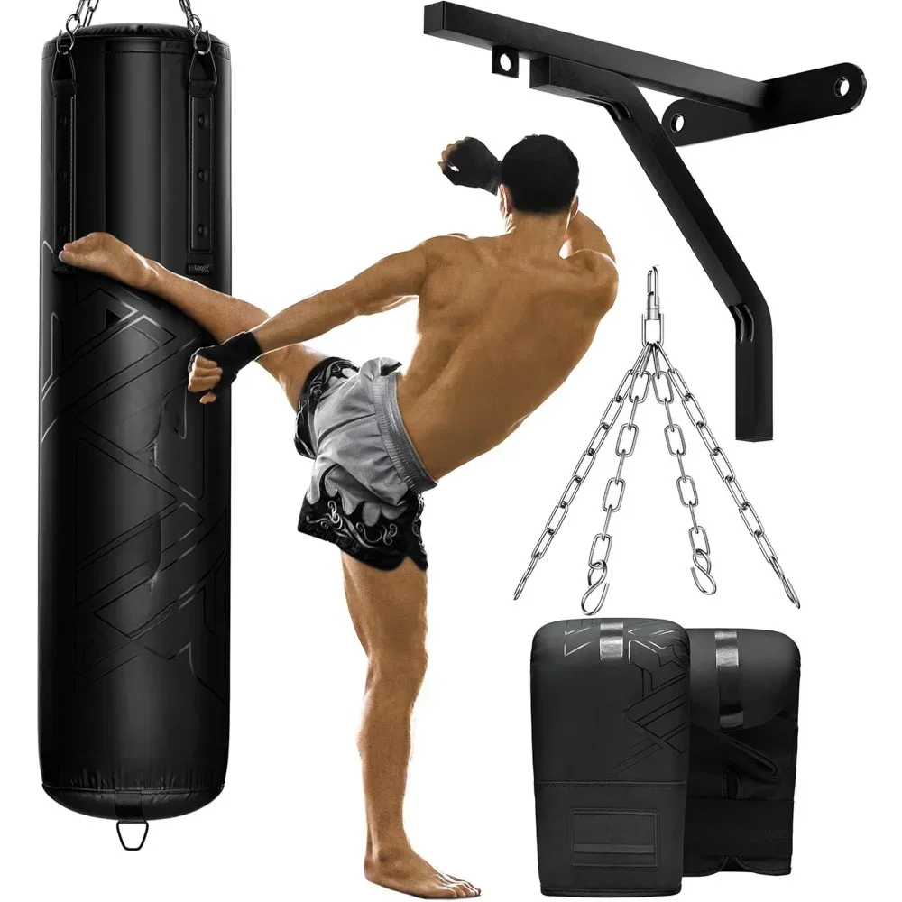 Heavy 5FT Punching Bag,55lbs Pre Filled with 110lbs Max Capacity,4PC Boxing Bag Set with Wall Bracket Gloves Hanging Steel Chain