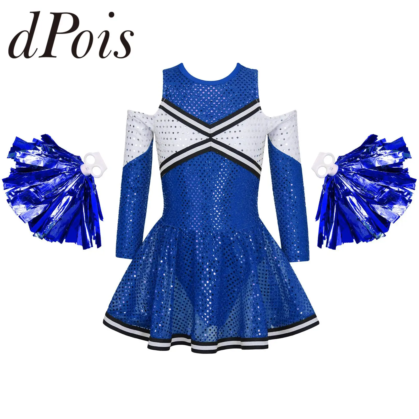 Kids Cheerleader Costume Cheerleading Uniforms School Girls Children Sequined Dress with Flower Balls Set Cheering Dancewear