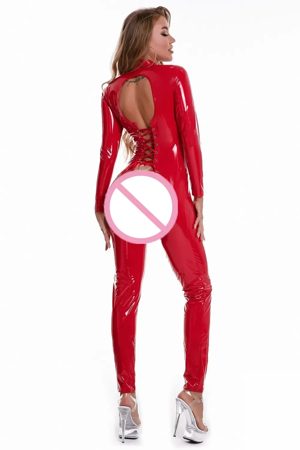 

Sexy Womens Cutout Open Crotch Faux Leather Jumpsuit Zipper Stand Collar Crotchless Catsuit Wet Look Bodysuit Lingerie
