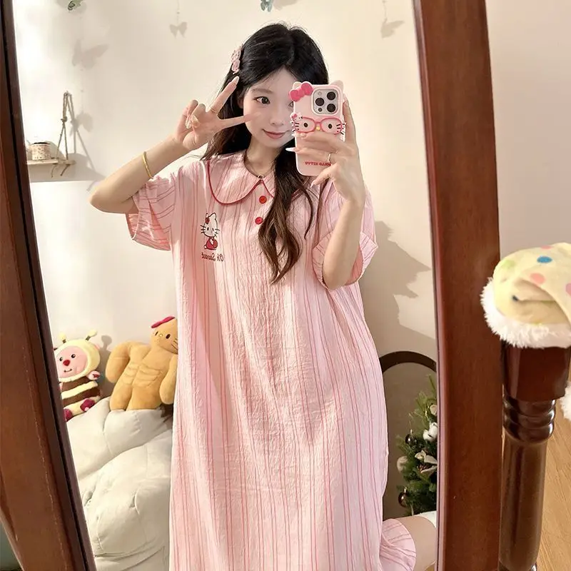 

Новая пижама Hello Kitty с героями мультфильмов, новое длинное платье с короткими рукавами, милая свободная повседневная женская одежда Sanrio Hello Kitty для дома