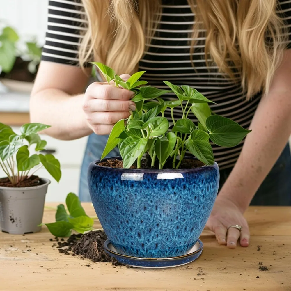 Vaso de cerâmica azul de 8 polegadas com furo de drenagem e pires para plantas internas e externas