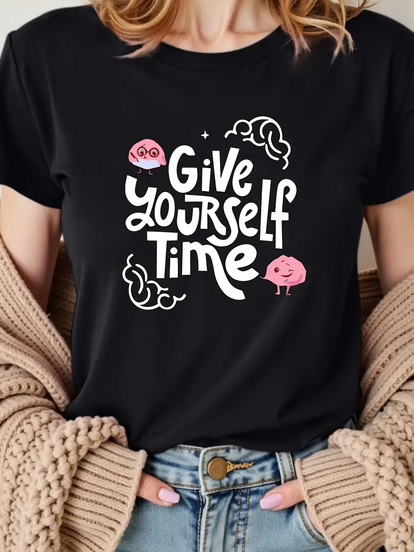 

Ladies' casual round-neck short-sleeved T-shirt - "Give yourself time" cartoon brain and geometric graphics