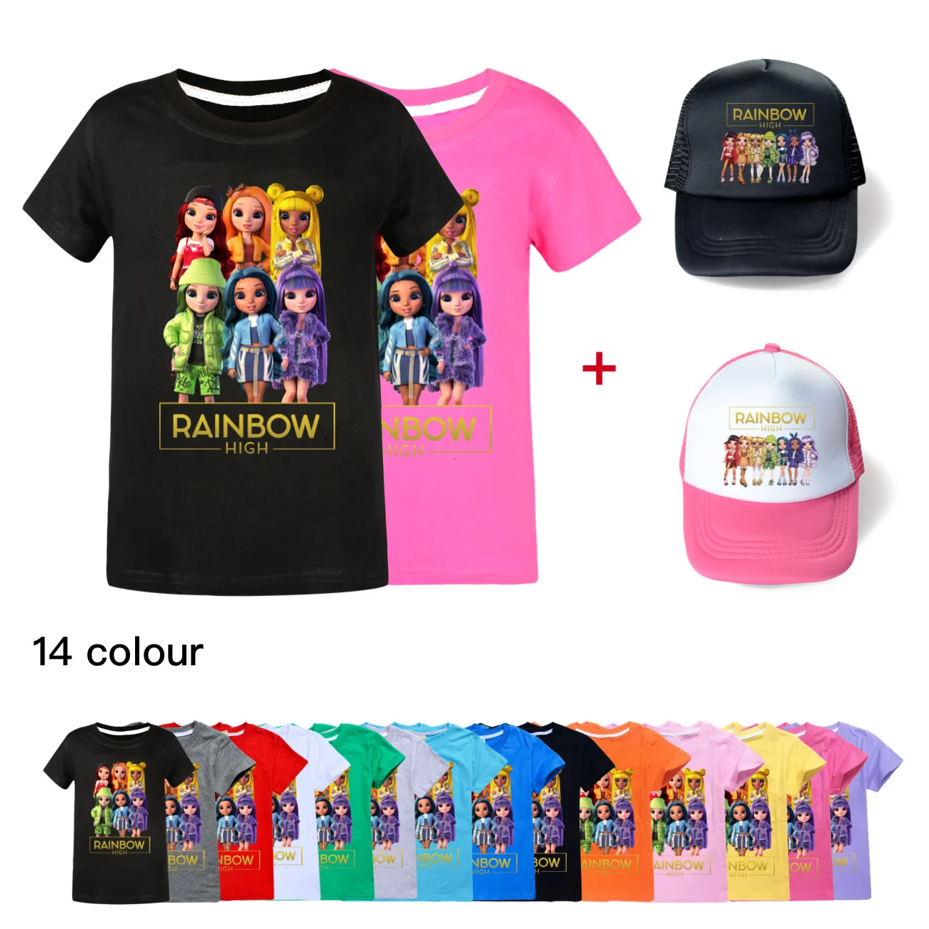 

New Rainbow High Kids Clothes Boys Girls Cotton T-shirts Children Fashion Clothing Summer Tops Casual Tees+sunhat Teen Shirts