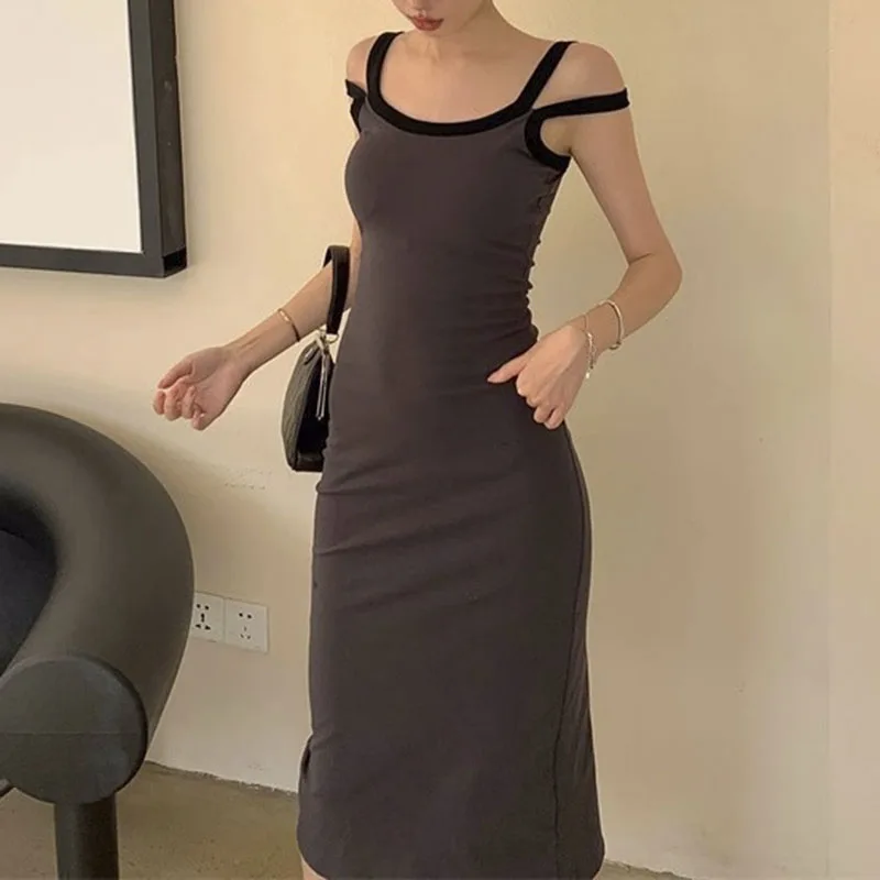 Korean Contrast Color Patchwork Casual Suspender Dress New High Street Sexy Backless Slim Mid-length Dress for Women 2023