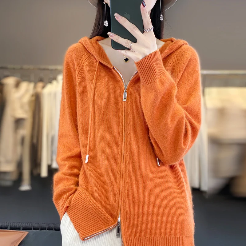 2024 New Cashmere Sweater Women Hooded cardigan Fashion Loose Casual Zipper Cashmere Sweater Women Coat