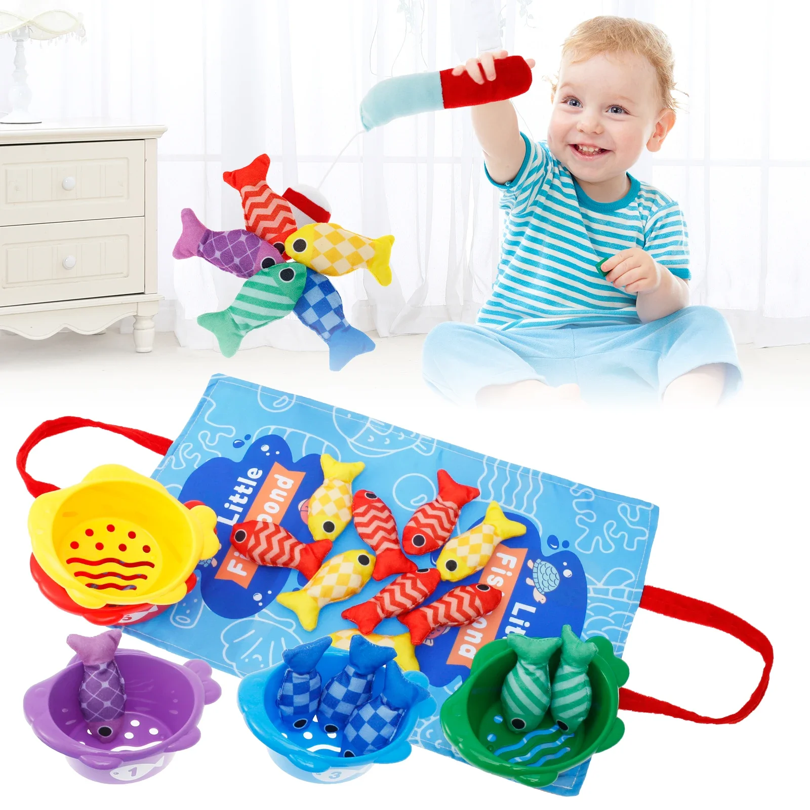 

Montessori Fishing Game Soft Cloth Fishing Toys Fun Toddler Fishing Game Educational Fishing Game Set with Stackable Buckets