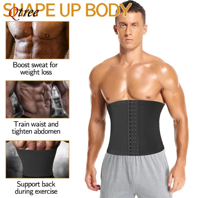 Qtree Mens Abdomen Reducer Fitness Sweat Trimmer Slimming Belt Waist Trainer Belly Cincher Shapewear Corset Sauna Body Shaper