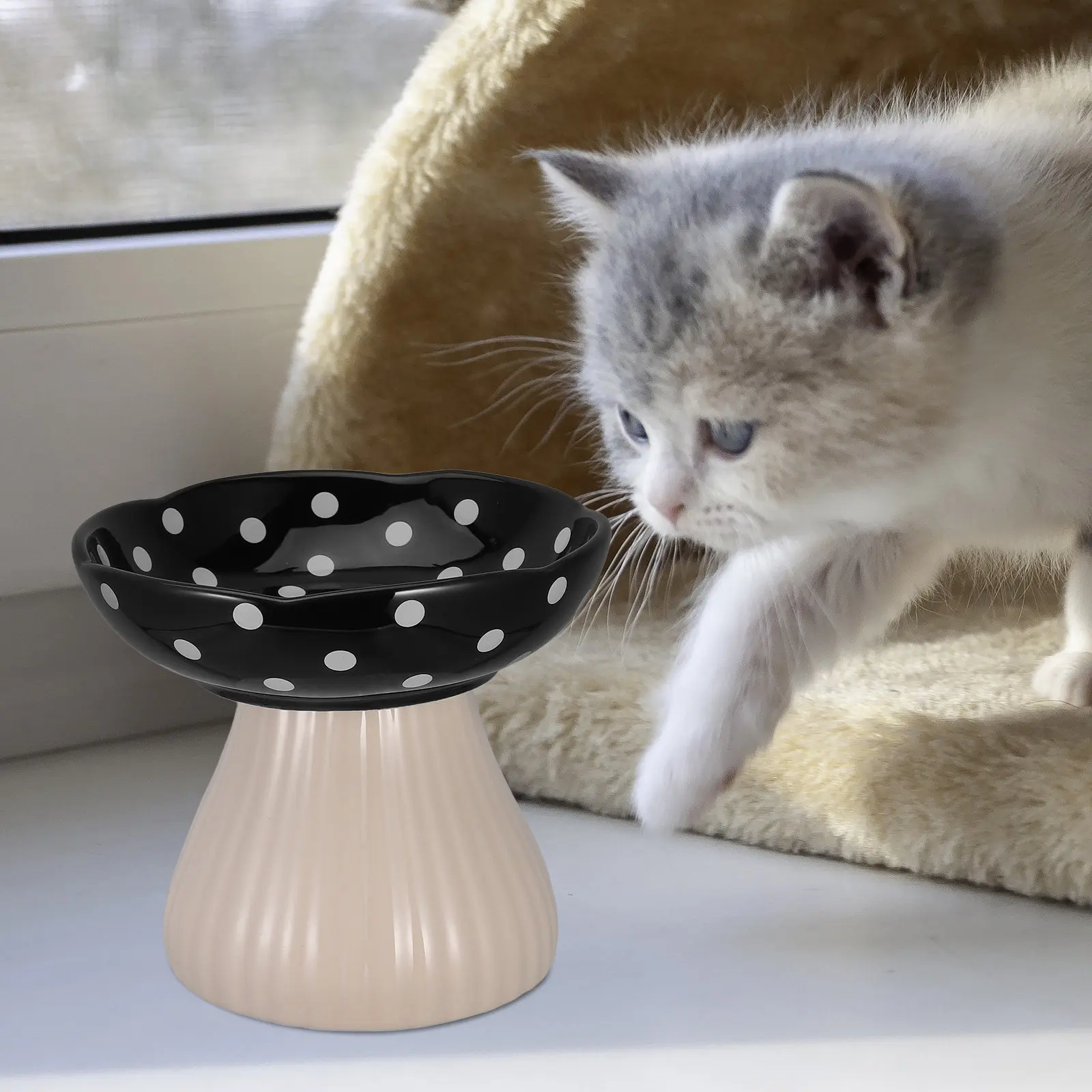 

Керамическая приподнятая миска для кошек, подставка для кормления питомцев, дизайн в форме гриба, широкая и неглубокая, для кошек всех размеров, устойчивая, с нескользящим основанием