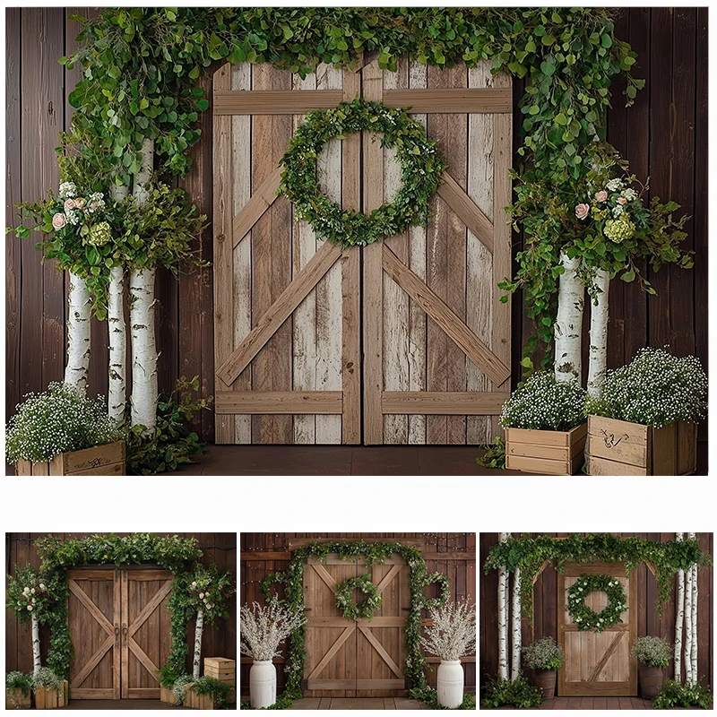 

LS Photography Background Rustic Wooden Door Spring Floral Green Leaf Decor Cake Smash Adult Kids Portrait Photo Backdrop Studio