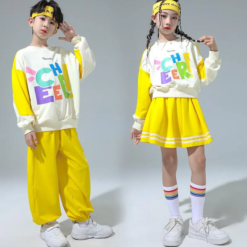 Boys Hip Hop Sweatshirt Joggers Pants Girls Street Dance Mini Skirts Children Sport Streetwear Clothes Sets Kids Jazz Costumes