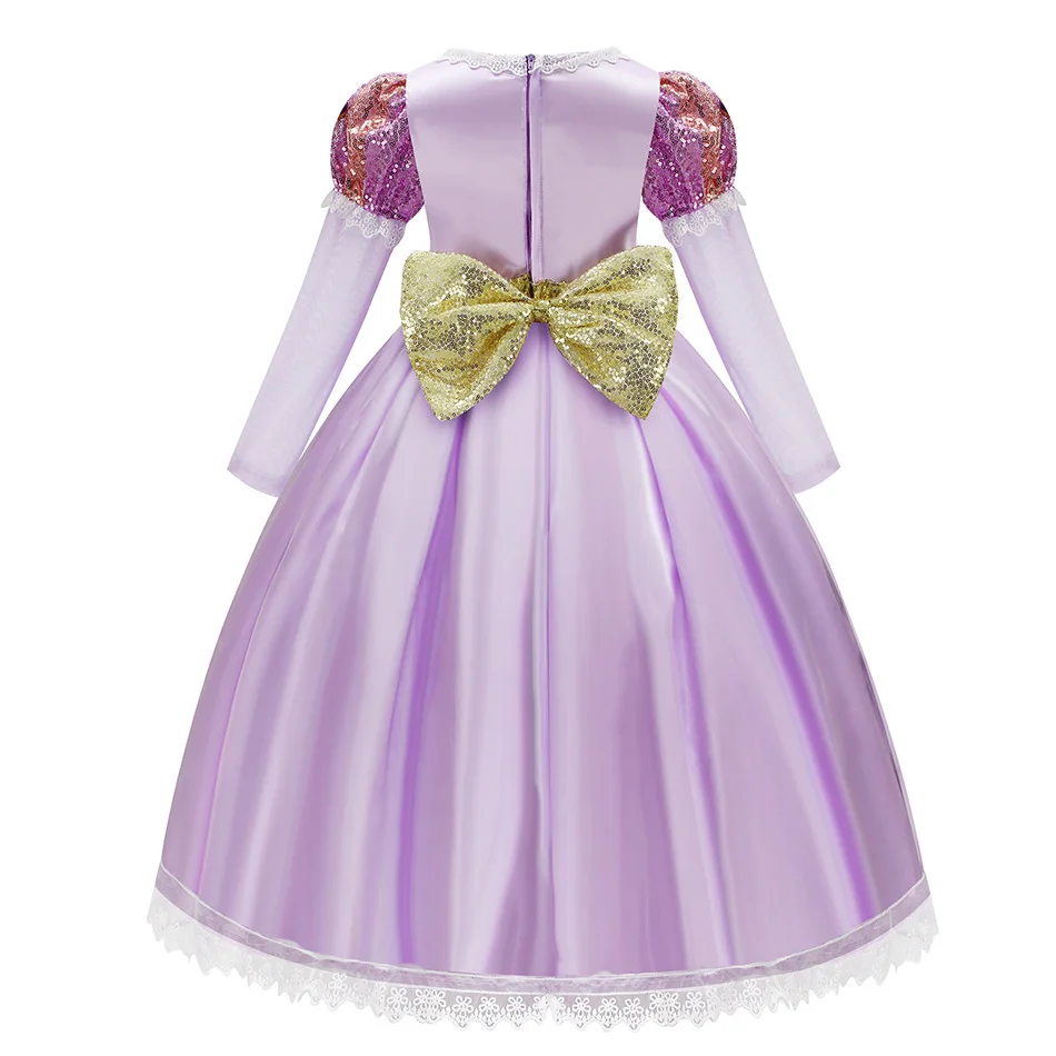 Summer Kids Purple Princess Cosplay Dress with Bowknot Rapunzel Role Play Costume Halloween Apparel Carnival Birthday Party Gown