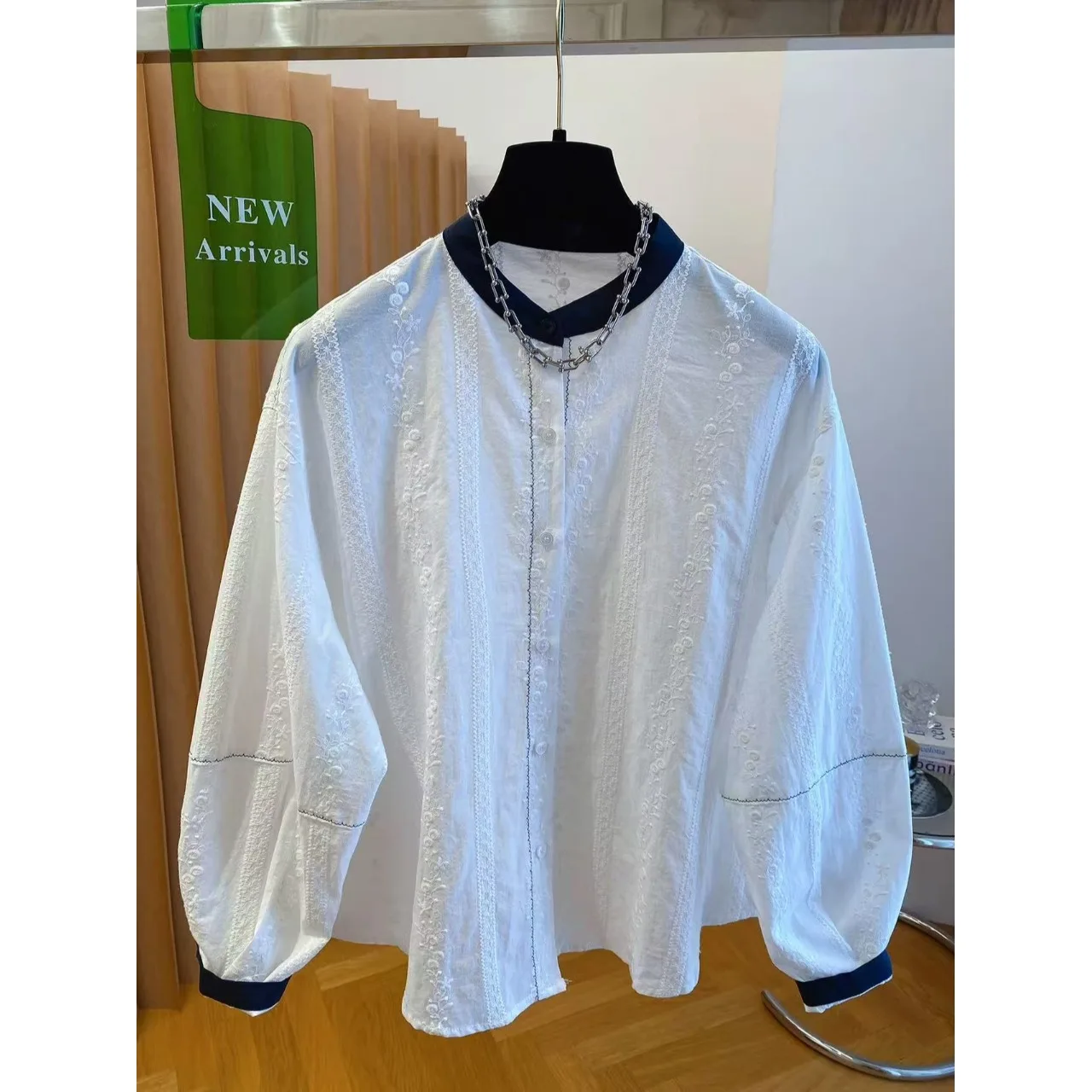 

Белый круглый вышитый топ Ne Long Sve Cotton irt, женский свободный повседневный дышащий топ из чистого хлопка, ранняя осень, элитный F...