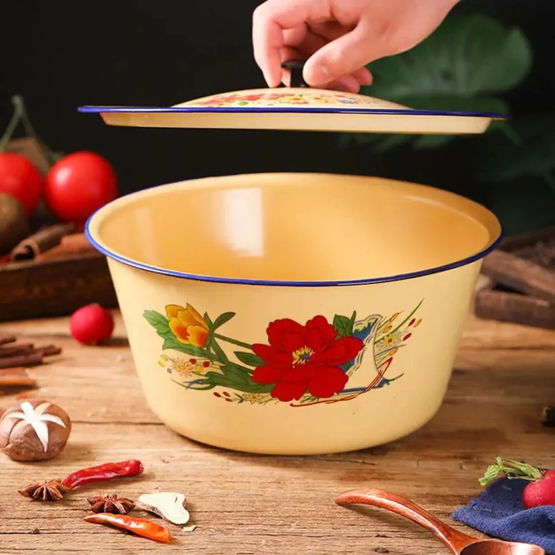 Food Storage Pot Enamel Basin Classic Vintage Enamel Cake Containers Bowl with Lid Asian Soup Salad Serving Bowl Yellow Lard Pot
