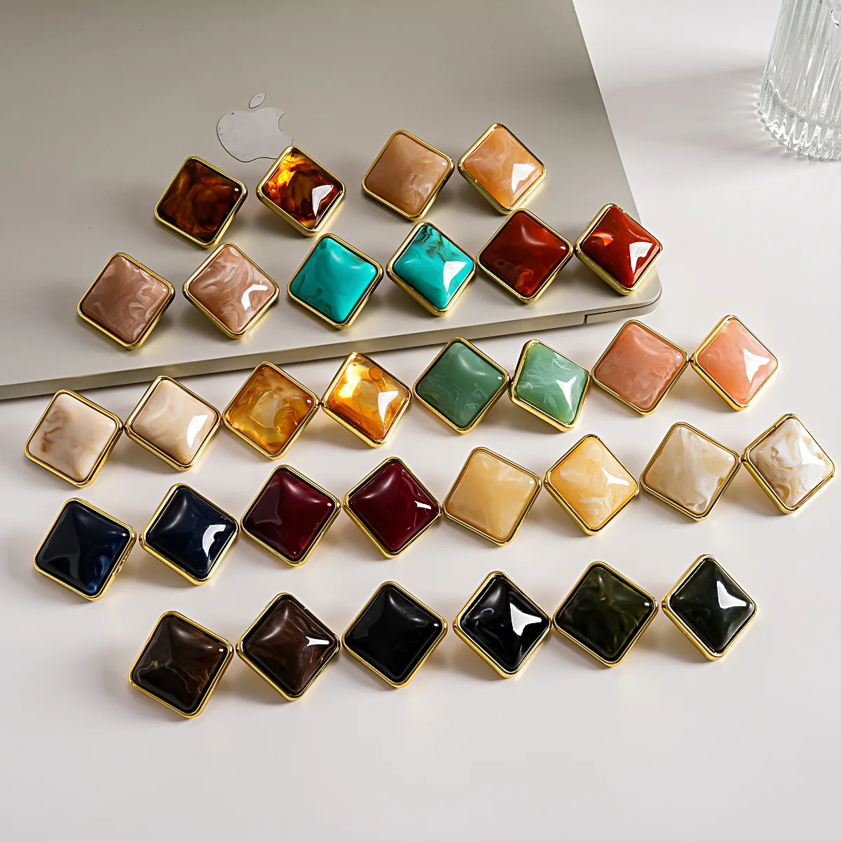 16 Colors Vintage Square Marble Acrylic Stud Earrings Irregular Smudging Texture Resin Ear Studs Women Retro Daily Jewelry K