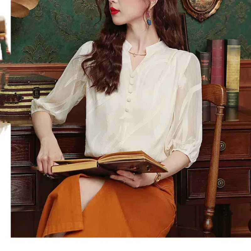 Summer Solid Color Pullover Women\'s Clothing Chiffon Lantern Half Sleeve Button V-Neck T-shirt Comfortable All-match Tops