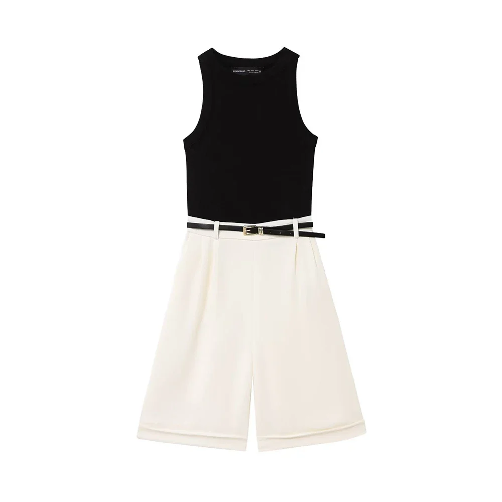 

Classic Black White Contrast Color Round Neck Sleeveless Splicing Half Pants With Belt Women Elegant Jumpsuits Spring
