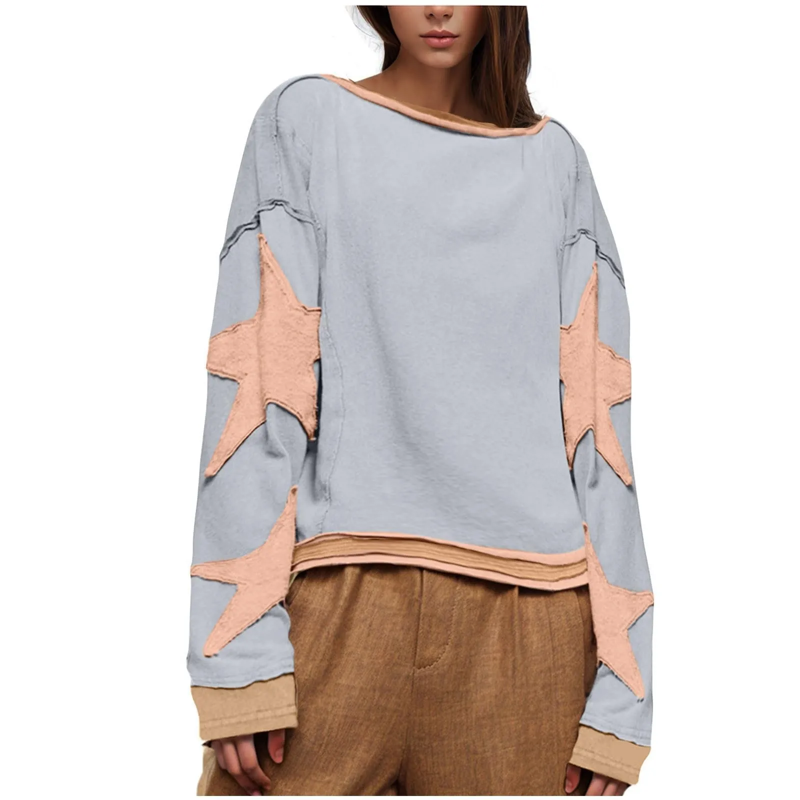 Women Loose Sweatshirt Classic Stripe Graphic Star Decor Long Sleeve Drop Shoulder Round Neck Pullovers Vintage Style Clothes