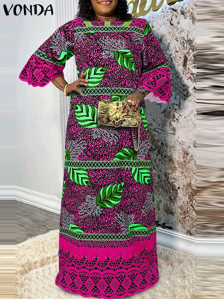 Plus Size 5XL VONDA Women Printed Dress 2024 Bohemian Round Neck Vintage 3/4 Flared Sleeve Sundress Fashion Robe Party Vestidos