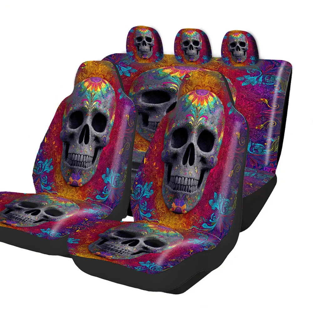 2-5 Seat Set Car Seat Covers, Spooky Skull Pattern Design, Universal Premium Polyester, Perfect Fit For Truck SUV Off-Road Sedan