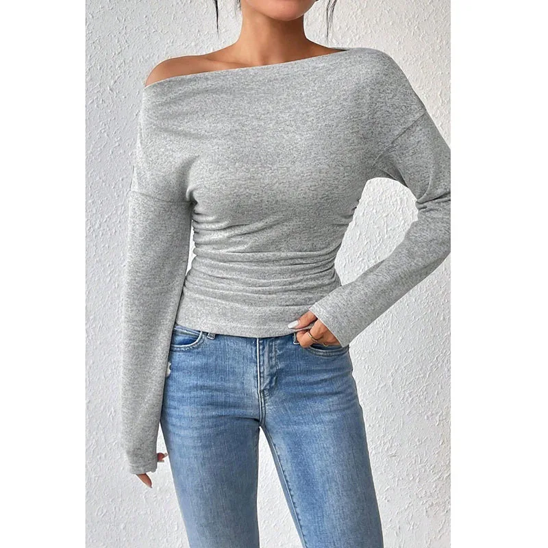 

Elegant Skew-Neck Long Sleeve T-Shirt Women High-Stretch Slim-Fit Off Shoulder Tops Spring New Solid Versatile Stylish Blouse