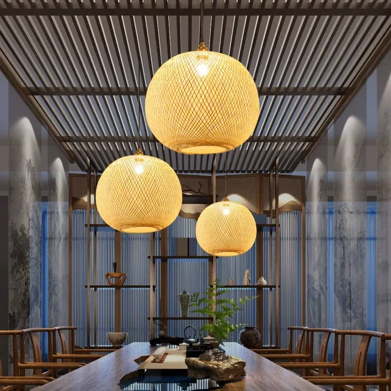 

Chinese Bamboo Woven Spherical Pendant Light Handmade Bamboo Woven Tea Room Zen Inspired Bedroom Lighting Decoration Light