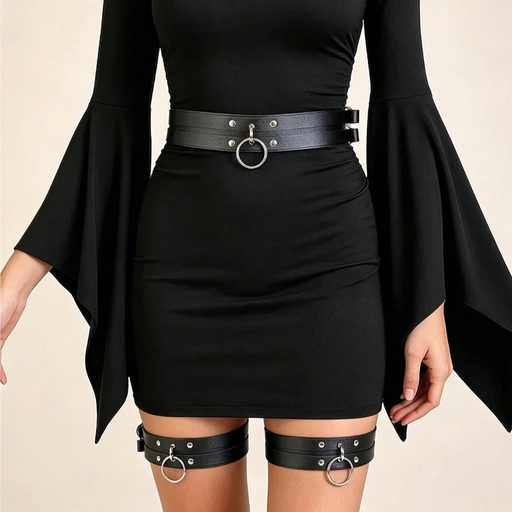 Gothic Punk PU-Leder Breiter Gürtel Verstellbarer Taillengürtel mit breiten Beinriemen Y2K Körpergurt für Damen Alltag & Karnevalsparty