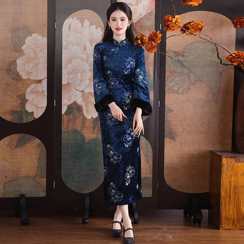 

Белый китайский стиль Сучжоу с длинными рукавами, модифицированный Cheongsam, зимний плотный женский новый китайский стиль, новинка 2025 года, осеннее Ципао в стиле ретро