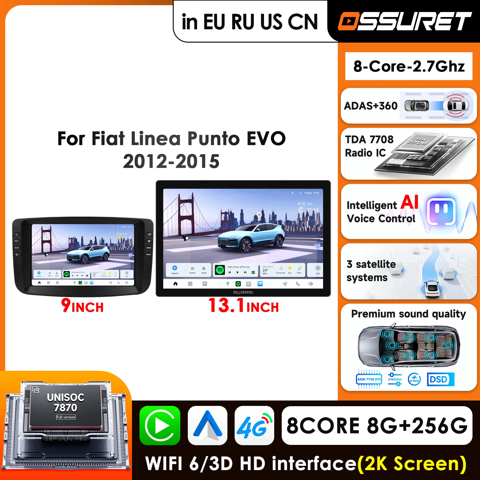 Ossuret 7870 Octa Core 9 inch Car Radio Navigation GPS For Fiat Linea 2012 - 2015 Fiat Punto EVO Carplay Android Auto 2K Screen