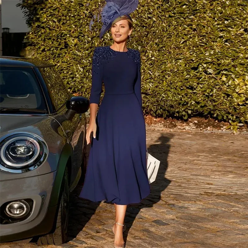 Elegant Navy Blue Mother of the Bride Dress 2024 A-Line Beads O-Neck Three-quarter Sleeves Tea-Length Wedding Party Dress