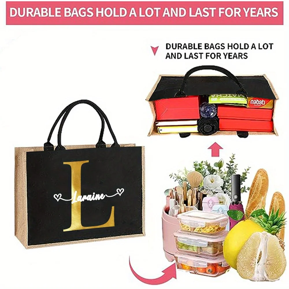Customizable Name Linen Handbag Linen Handbag Gold Letter Reusable Eco Friendly Grocery Storage Bag Retro Beach Bag