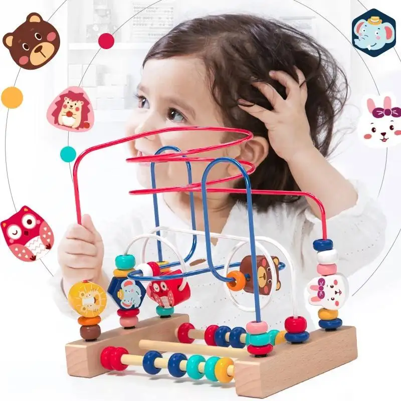 Montessori Wooden Toys Kids Circles Bead Wire Maze Roller Coaster Toddler Early Educational Puzzles Toy for Children 1 2 3 Years